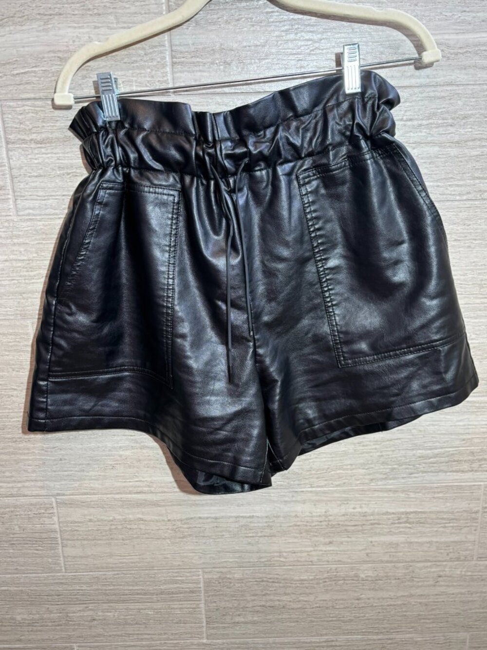 Ramisu Women’s Faux Leather Casual Draw String Waist Black Utility Shorts